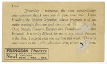 Houdini "Master Mystifier" Postcard