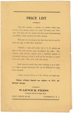 Warwick Press Price List